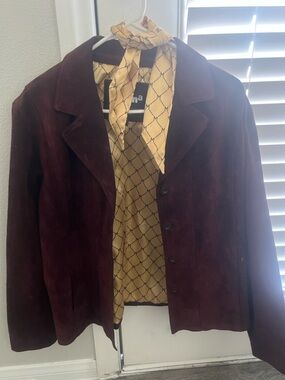 Wilsons Leather Burgundy Suede Shirt Jacket with Gold Scarf Accent